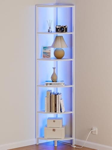 Furnulem 6 Tier Corner Shelf with LED Light, 67.5" White Narrow Bookshelf
