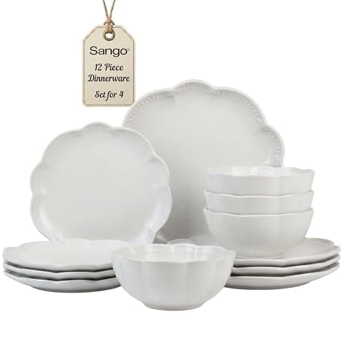 12 Pieces Scalloped White Plates & Bowls Set