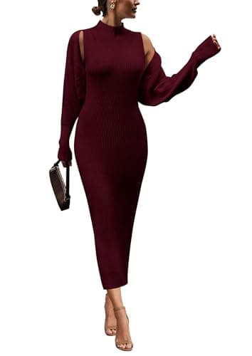 PRETTYGARDEN Womens 2 Piece Ribbed Knit Sweater Dress Set Date Night Outfit | Fall Winter Fashion Clothes, Elegant Holiday Party Outfits, Mock Neck Bodycon Tank Maxi Dresses, Long Sleeve Cropped Cardigan