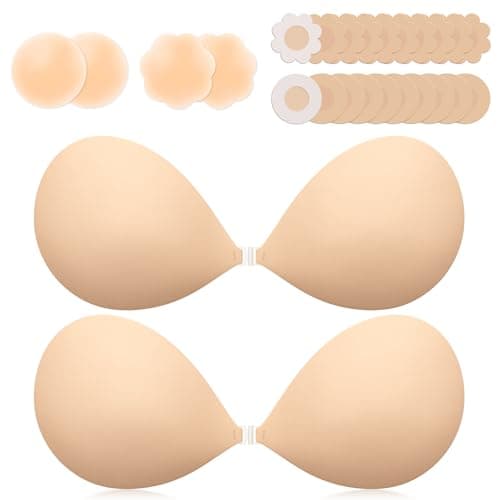 VogaChic Invisible Sticky Bra Push Up, 2-Pack Adhesive Bra for Backless Dress, Silicone, Exotic Lingerie Accessories (B Cup, Beige, 2PCS)