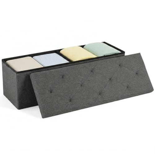 DUMOS 43 Inch Foldable Storage Ottoman Bench, Large Ottoman with Storage | Storage Chest with Thicker Foam Padded Seat, End of Bed Foot Rest Stool for Bedroom Living Room Entryway, Linen Fabric, Gray