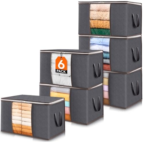 Lifewit 6 Pack Clothes Storage Bins with Lids, Foldable Blanket Storage Bags with Zippers, Clear Window and Reinforced Handles, Closet and Organization for Clothing, Sweater, Comforter, Bedding