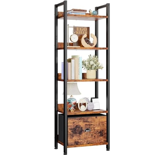 Furologee 5 Tier Bookshelf with Drawer, Tall Narrow Bookcase, Rustic Brown | 55.5'' Industrial Display Shelf, Space-Saving Storage Rack for Bedroom, Living Room, Office, Bathroom, Holds 30lbs per tier
