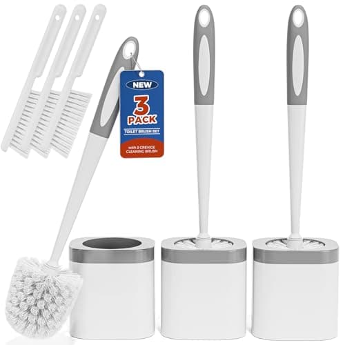 Holaloha Toilet Brush and Holder Set, Space Saving, 3 Pack, White | Bathroom Accessories, Ergonomic Silicone Handle, Dense Bristles, Deep Cleaning, with 3 Crevice Brushes, Compact Design