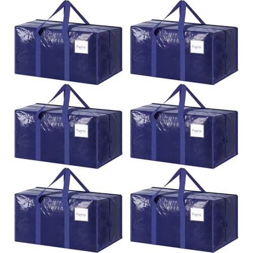 6 Pack Extra Heavy Duty Large Moving Bags with Strong Zipper, Dark Blue | Comfortable Handles, Sturdy & Durable Clothes Storage Bags Totes Bins, Blue Packing Moving Boxes for College Supplies