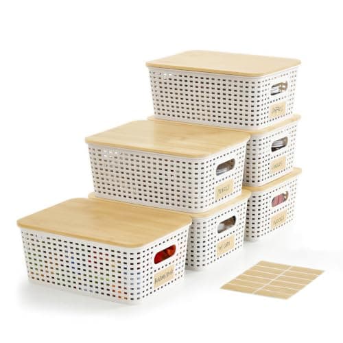 Bagnizer Small Plastic Storage Bins with Bamboo Lids 5.2qt Stackable Box Basket Pantry Decorative Containers Cute with Labels for Organizing Desktop Closet Office Cream White of 6 packs 10*7.2*4.1"
