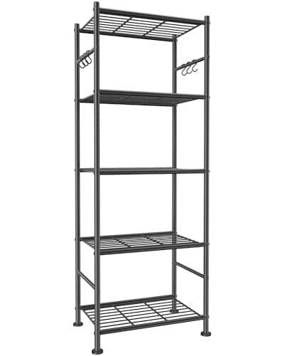 Sakugi 5-Tier Storage Rack Organizer with Hooks, Heavy Duty Metal Garage Rack with Leveling Feet, Freestanding Utility Rack for Bedroom, Balcony and Garage, 18.1"×12.4"×56.8", Black