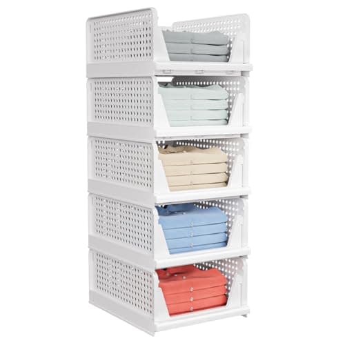 caktraie 5 Pack Stackable Closet Storage Basket - Stackable Storage Bins | Multifunctional & Foldable Closet Organizer Waterproof, Wardrobe Cupboard Space-Saving Storage Drawer Organizer