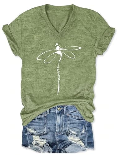 Women's T-Shirts V-Neck Dragonfly Tee Cute Summer Graphic Shirts Vintage Boho Flowers Short Sleeve T Shirt (Green, Large)
