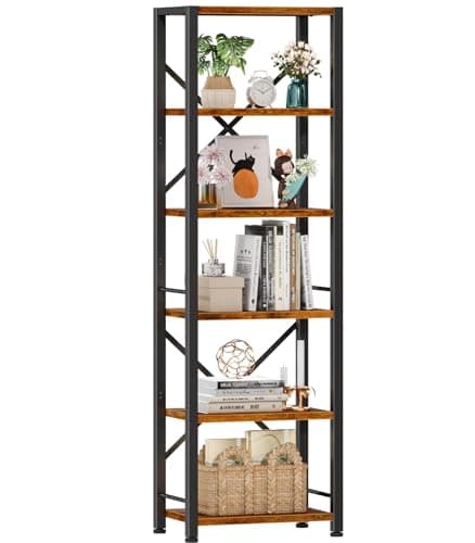 Furologee 6 Tier Bookshelf, Tall Narrow Bookcase, Rustic Brown