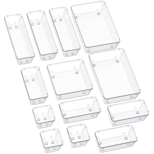 SMARTAKE 13-Piece Drawer Organizers with Non-Slip Silicone Pads, 5-Size | Clear Desk Bathroom Drawer Organizer Trays Storage Tray for Makeup, Jewelry, Utensils in Bedroom Dresser, Office and Kitchen