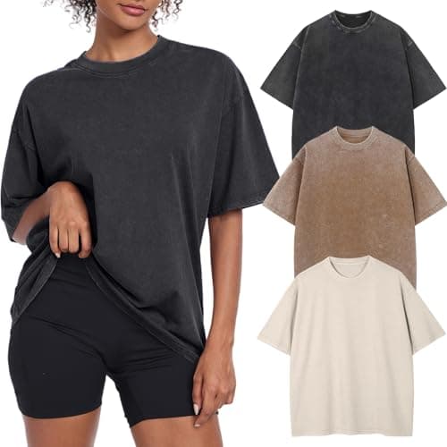 Womens Vintage Oversized T Shirts Acid Washed Baggy Cotton Tee Casual Workout Boyfriend Short Sleeve Tops(Beige/Coffee/Black M)