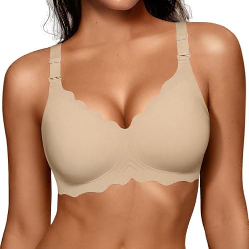 OEAK Women Jelly Bras No Underwire Scalloped Push Up Buttery Soft Tshirt Bra Seamless Full Coverage Convertible Everyday Bra Semolina,L