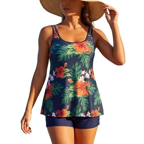 Two Piece Tankini Swimsuits for Women Plus Size Tummy Control Bathing Suits with High Waisted Boyshorts Bottom Long Torso Top Navy