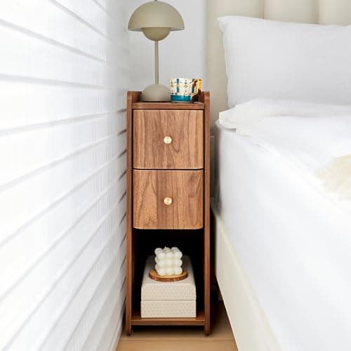 FurSch Narrow Nightstand, Wooden Small 2 Drawer Night Stand (Walnut-1 pc)