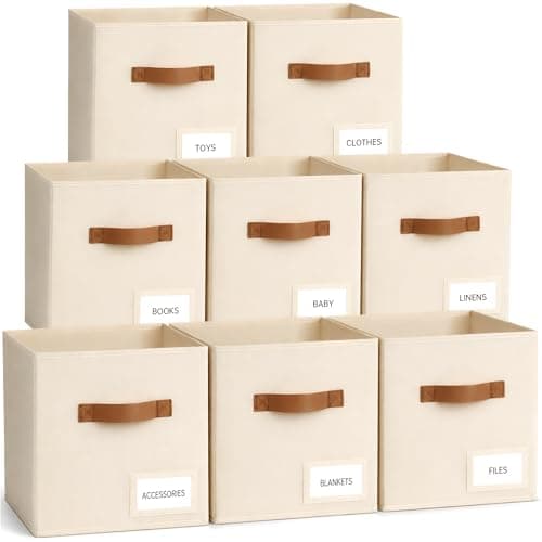 Stowsia Storage Cubes 8 Pack, 11 Inch Fabric Storage Cubes Organizer Bins with Labels, Odor-Free & Sturdy PP Structure, Cubby Baskets for Closet, Shelves, Toys & Nursery (Beige)