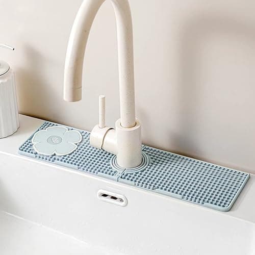 15 Inch Long Faucet Mat for Kitchen Sink, Detachable Faucet Splash Catcher with Soap Holder, Adjustable Tube Holes Faucet Handle Drip Catcher Tray Mat for Sink Draining, Kitchen Accessories, Bathroom