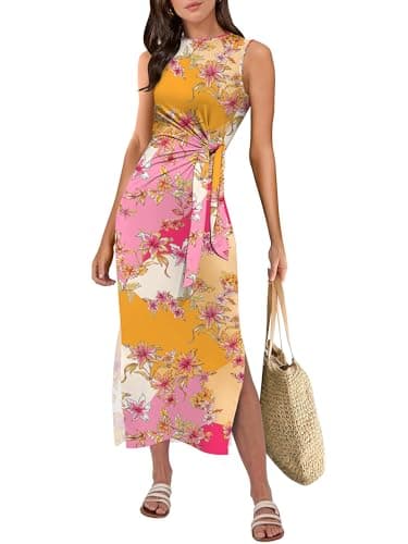 ANRABESS Womens Summer Casual Sleeveless T Shirt Midi Dress Slim Fit Tie Waist Split Tank Long Dresses 2026 Vacation Sundress Pink Yellow Floral Medium