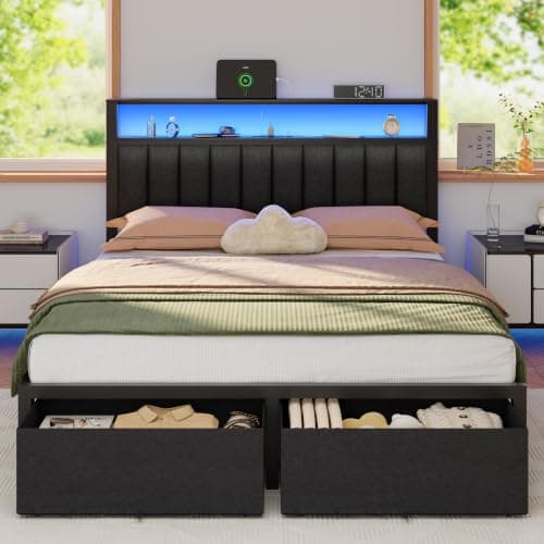 Furnulem Queen Bed Frame with Storage Drawers and Upholstered Headboard