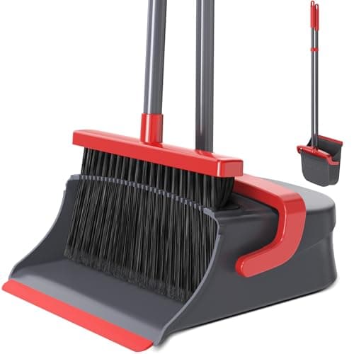 Zeawec Broom with Dustpan Set for Pet Hair & Dust Cleanup, Red & Gray | Long Handle Upright Standing Self-Cleaning Broom and Dustpan Set for Indoor Outdoor Use for Home, Kitchen, Office