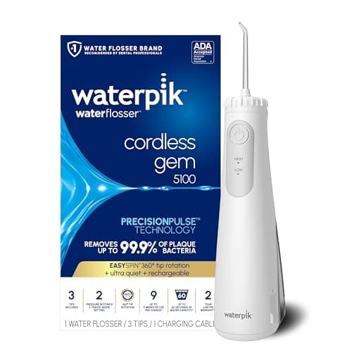 Waterpik Cordless Gem 5100 Portable Water Flosser, Rechargeable, White | 2 Settings, 3 Tips, Travel Mode & Bag, for Gums, Teeth, Braces, Implants, Shower Use, ADA Accepted, WF-27 Packaging May Vary