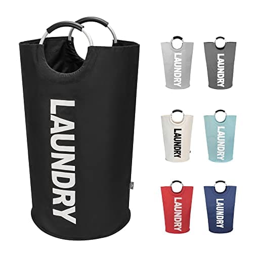 DOKEHOM 90L Large Laundry Basket Bag, Collapsible Tall Hamper, Black | Freestanding tall washing bin & foldable laundry bag. High-capacity clothes storage basket with durable sturdy handles