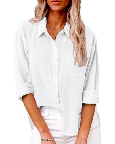 AKEFUN Womens Summer Shirts Casual Button Down 2026 Long Sleeve Cotton Top Blouse Shirt with Pocket White