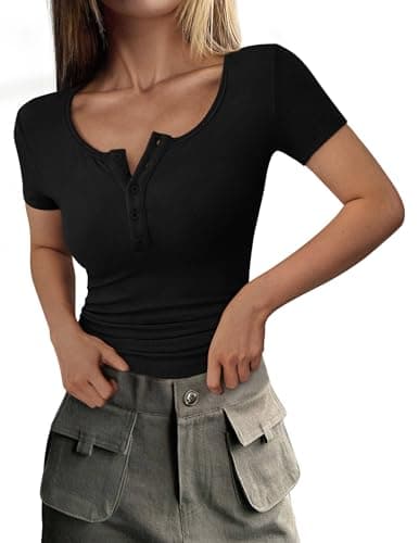 PRETTYGARDEN Women's Summer Tops Henley Tee Shirts (Black,Medium)