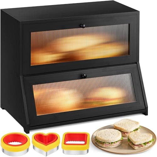 Boulora Large Bread Box for Kitchen Countertop - Black Bread Box, Bamboo Breadbox & Wooden Bread Boxes | Vintage Countertop Cabinet | Ventilated Double-Layer, Panoramic Windows, Cutters & Sealers