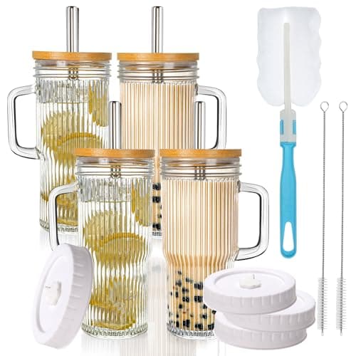 24oz Ribbed Glass Tumbler With Handle, 4Pack