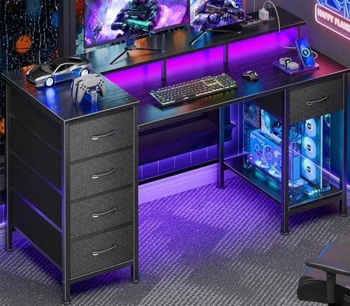 Korfile 47 Inch Gaming Computer Desk with Power Outlets,LED,5 Drawers,Black | Gaming desk with power outlets &LED lights,reversible design with 5 storage drawers,fits 47-inch, monitor stand,black