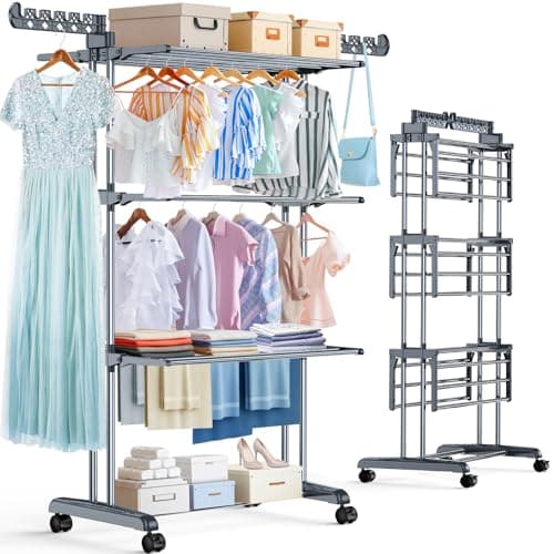 Upgraded 4-Tier Clothes Drying Rack, Drying Rack Clothing with Wheels | Large Foldable Laundry Drying Rack, Clothes Rack with Side Hooks for Indoor Outdoor Air Drying, 19.68"D x 29.9"W x 67.7"H