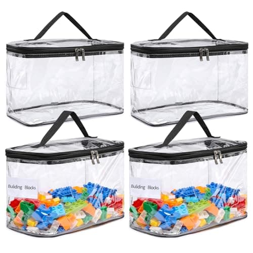 4-Pack Large Clear Storage Bag for Toys with Name Tag, Waterproof PVC Toy Organizer Case for Legos Bricks, Building Blocks, Puzzles, Stationery, Small Item Storage Bins(12.6 × 7.9 × 6.3 in)