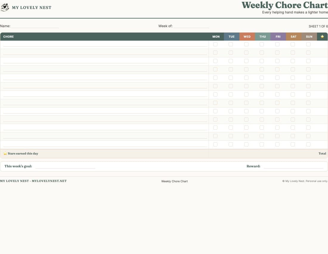 Weekly Chore Chart for Kids printable preview