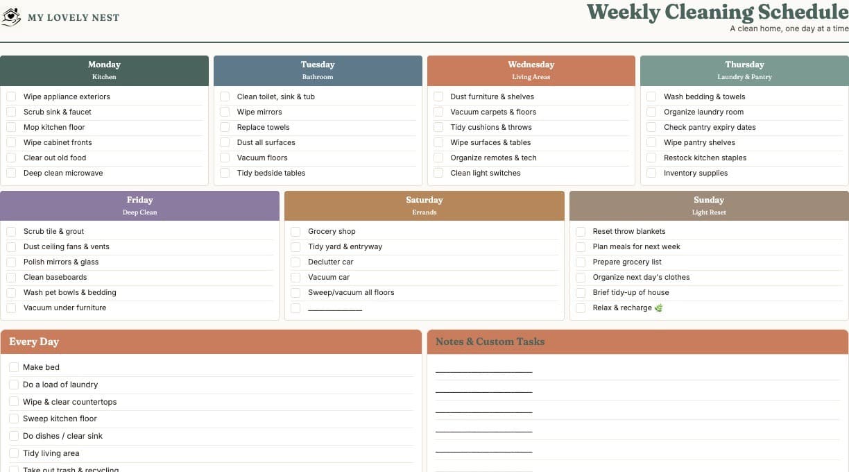 Weekly Cleaning Schedule printable preview