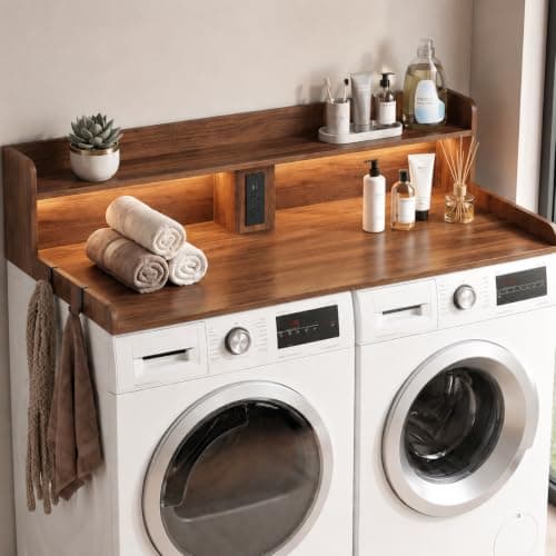 Seang 2-Tier Washer Dryer Countertop with Power Outlet & LED Lights, 27"D x 54"W Laundry Countertop for Folding Clothes, Washer and Dryer Topper with Storage Basket, Metal Hooks, Non-Slip Pad, Walnut