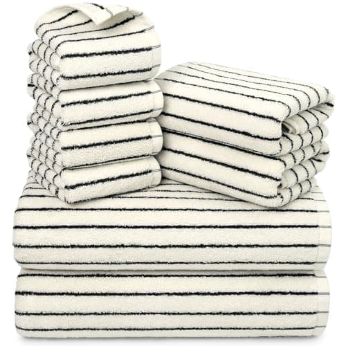 8 Piece Black and Ivory Towel Set, Super Soft & Absorbent Cotton Striped