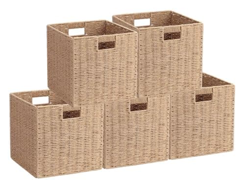 WENFOME 5Pcs Woven Shelf Baskets, 10.5'' Paper Rope Handmade Open Storage Bins, Light Brown Pantry Baskets Organization Basket Foldable Storage Bins for Bedroom, Cubby Cubes Wicker Basket with Handles
