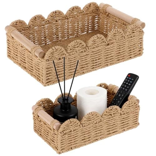 Wopgrty 2 Set Paper Rope Scalloped Edge Decor Baskets for Toilet Tank Top, Living Room, Bedroom, End Table, Shelves with Wooden Handle, Both Small Items, Beauty Products, Cleaning Supplies